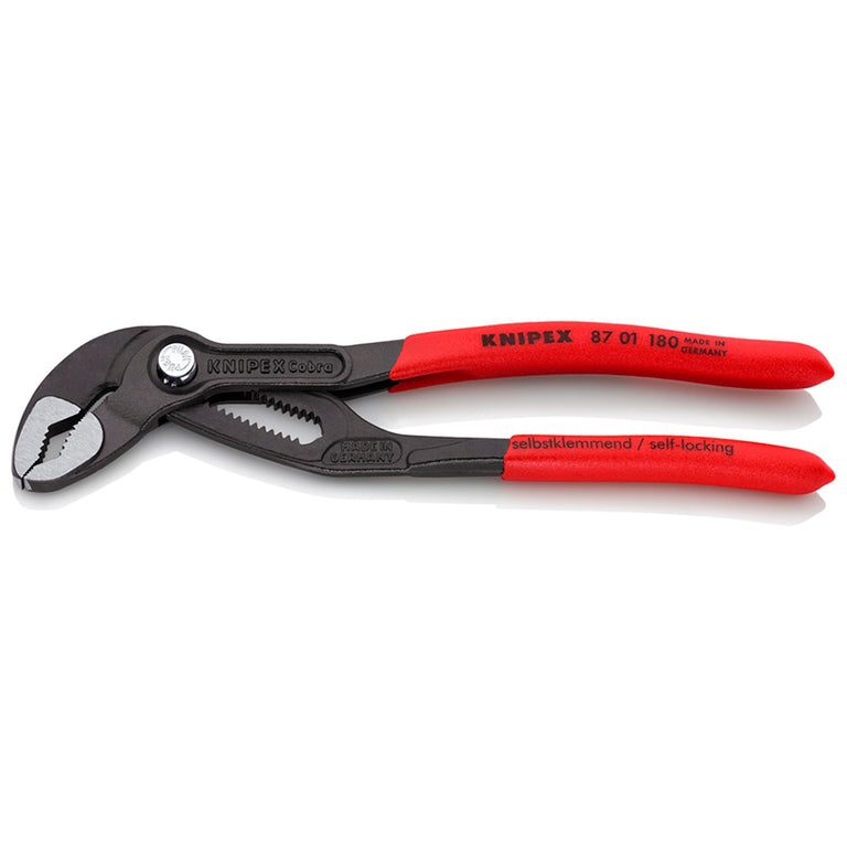 Alicate compacto KNIPEX Cobra 87 01 180 mm con diseño ergonómico y protección contra pellizcos.