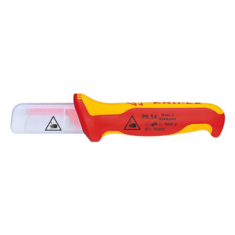 Cuchillo pelacable KNIPEX 98 54 aislado 1000V con mango ergonómico rojo y amarillo y funda protectora