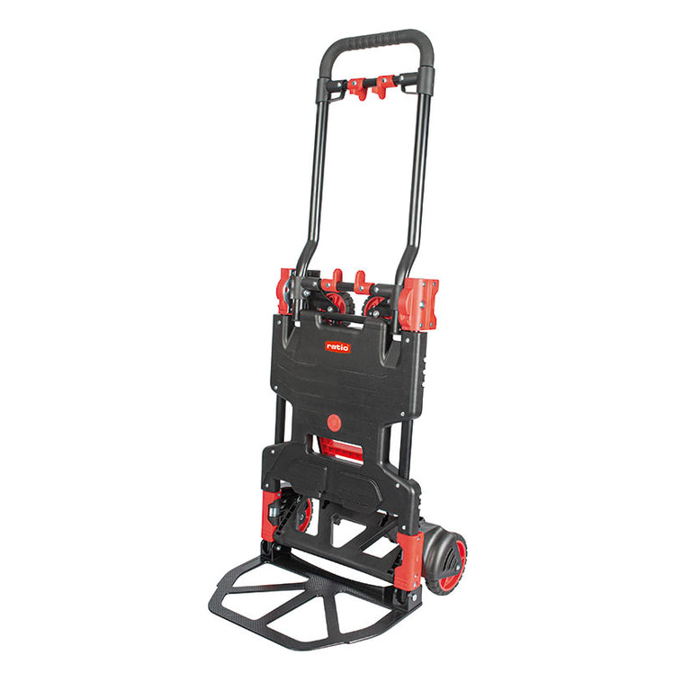 Carretilla de mano RATIO 7140 en posición vertical de 2 ruedas con base de carga desplegada para cajas.