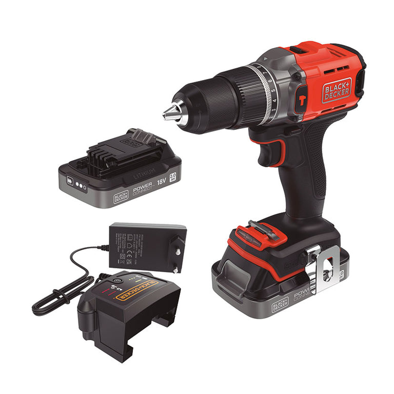 Set de taladro percutor Black+Decker 18V incluyendo dos baterías de litio 2.0Ah y cargador rápido.