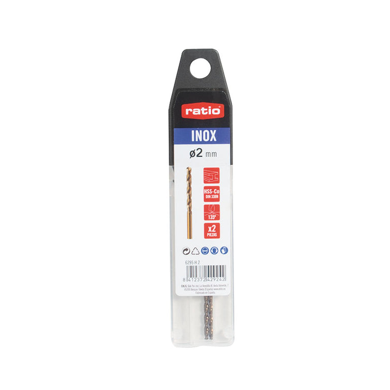 Pack de 2 brocas RATIO INOX de 2 mm de acero al cobalto HSS-CO DIN 338N.