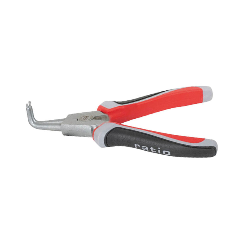 Alicate para arandelas exteriores RATIO Serie 6000 con puntas curvas y mango ergonómico trimaterial.