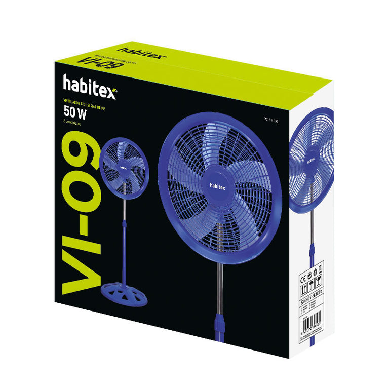 Caja de embalaje del ventilador HABITEX VI-09 de 55W con detalles de potencia y modelo