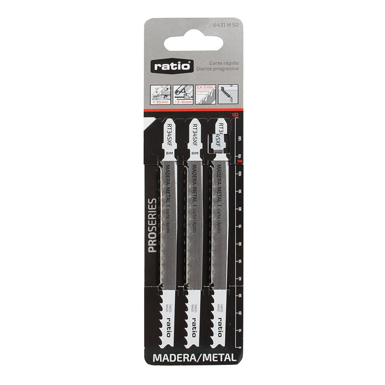 Pack de 3 unidades de sierras de calar RATIO ProSeries RT345XF en blíster original para uso profesional.