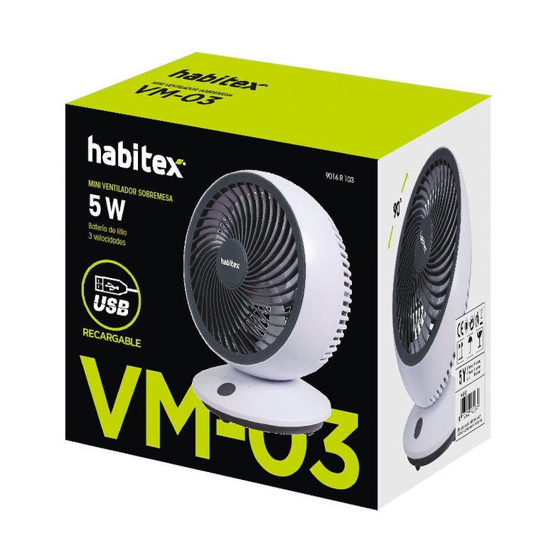 Packaging del mini ventilador HABITEX VM-03 con especificaciones técnicas de 5W y batería