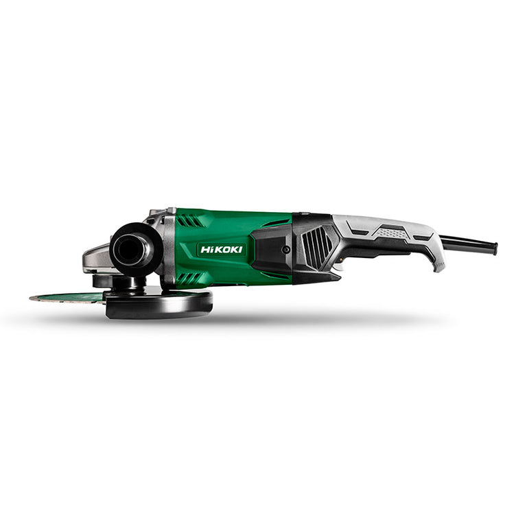 Perfil de amoladora profesional HiKOKI de alta potencia con disco de corte instalado y protector de seguridad.