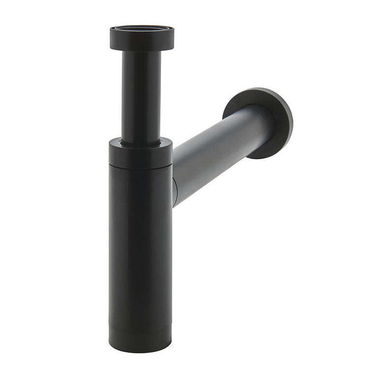 Sifón de botella Wirquin Teos acabado negro mate para lavabo con altura regulable.