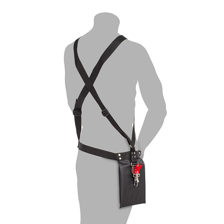 Arnés de seguridad acolchado y ajustable para desbrozadora multiherramienta Powerplus, diseño ergonómico.
