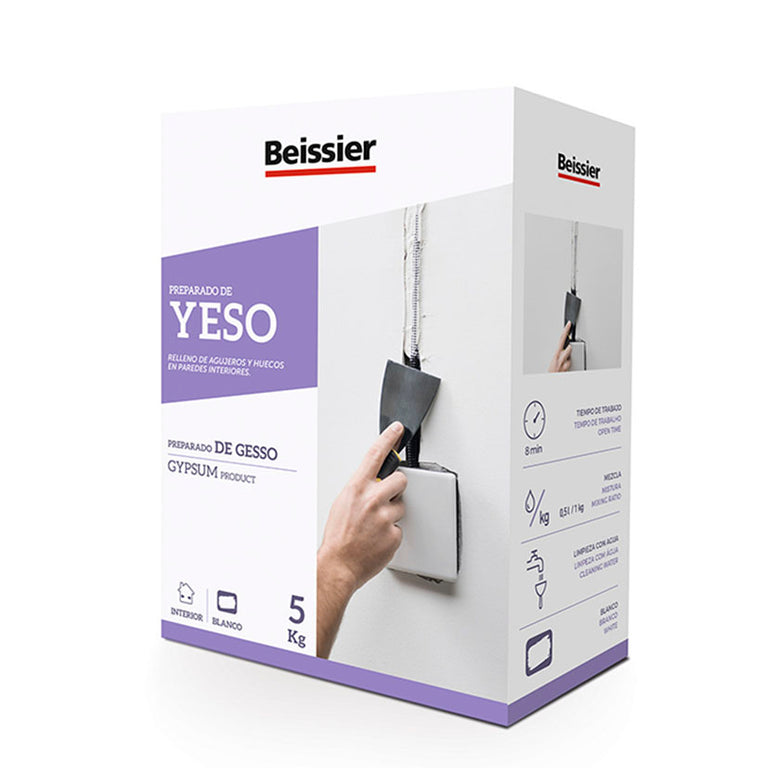 Caja de preparado de yeso Beissier de 5 kg para rellenos y reparaciones en paredes interiores.