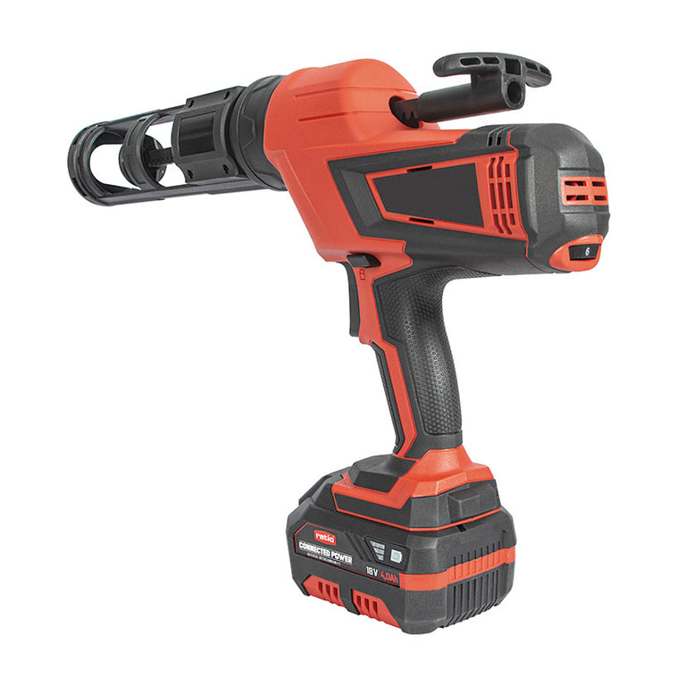 Vista lateral de pistola de silicona RATIO con batería de 18V y regulador de 6 velocidades.