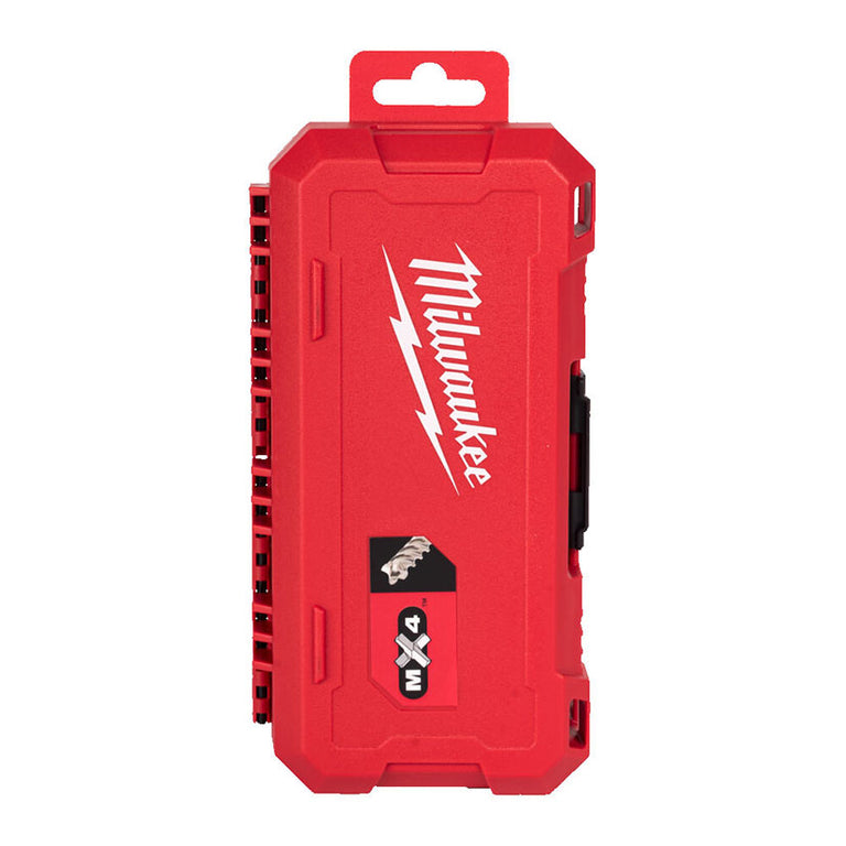 Estuche cerrado rojo Milwaukee con logotipo y marcaje MX4 para juego de brocas de alto rendimiento.