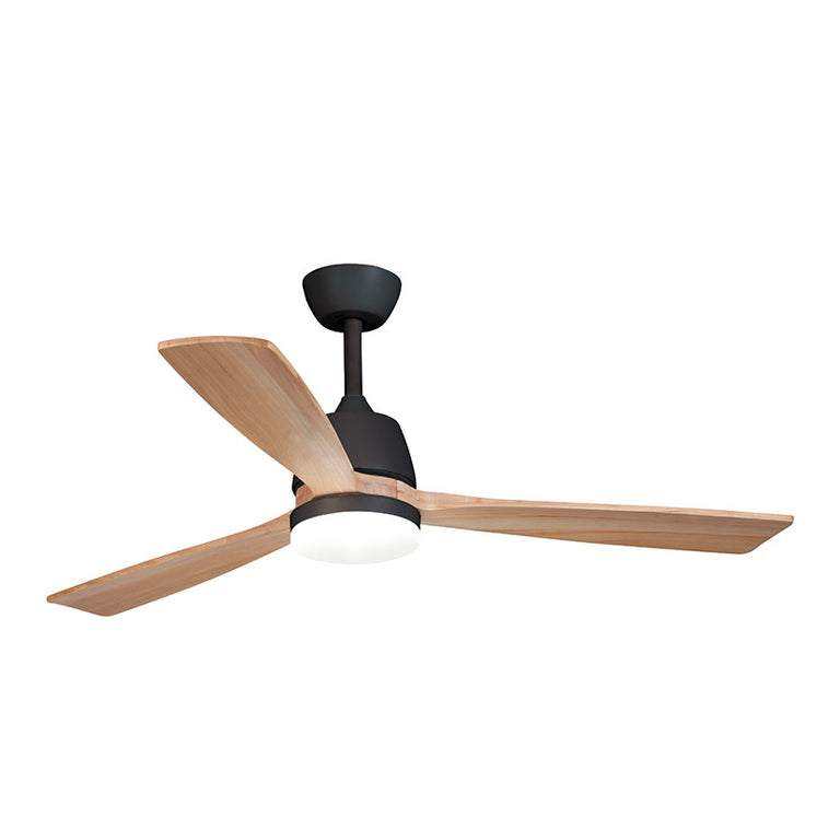 Ventilador de techo Habitex 43BK negro mate con aspas de madera natural y luz LED integrada.