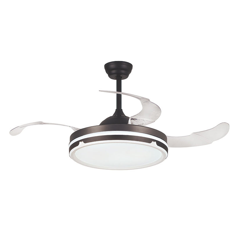 Ventilador de techo Habitex negro con aspas transparentes abiertas y luz LED circular.