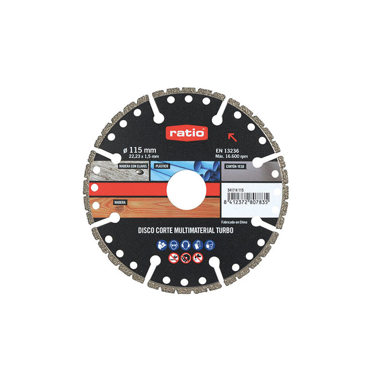 Disco de corte multimaterial RATIO 115mm segmentado turbo para madera, metal y PVC con tecnología Vacuum Brazed.