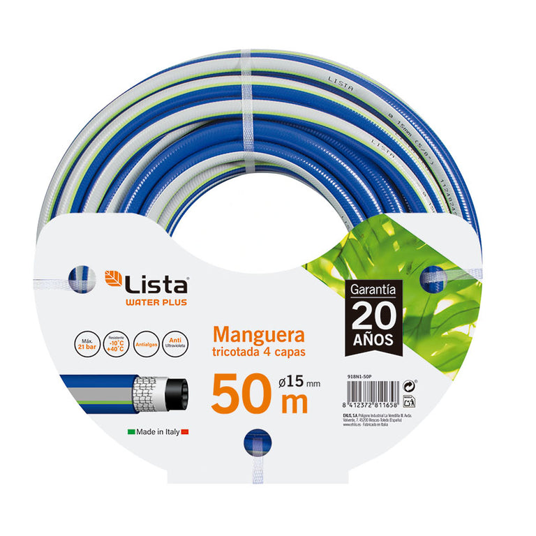 Rollo de manguera LISTA Water Plus de 50 metros y 15 mm de diámetro resistente a rayos UV y anti-algas.