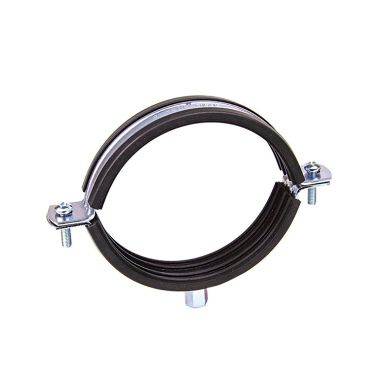 Abrazadera isofónica metálica CELO RI con recubrimiento de goma EPDM y tornillos de cierre laterales.