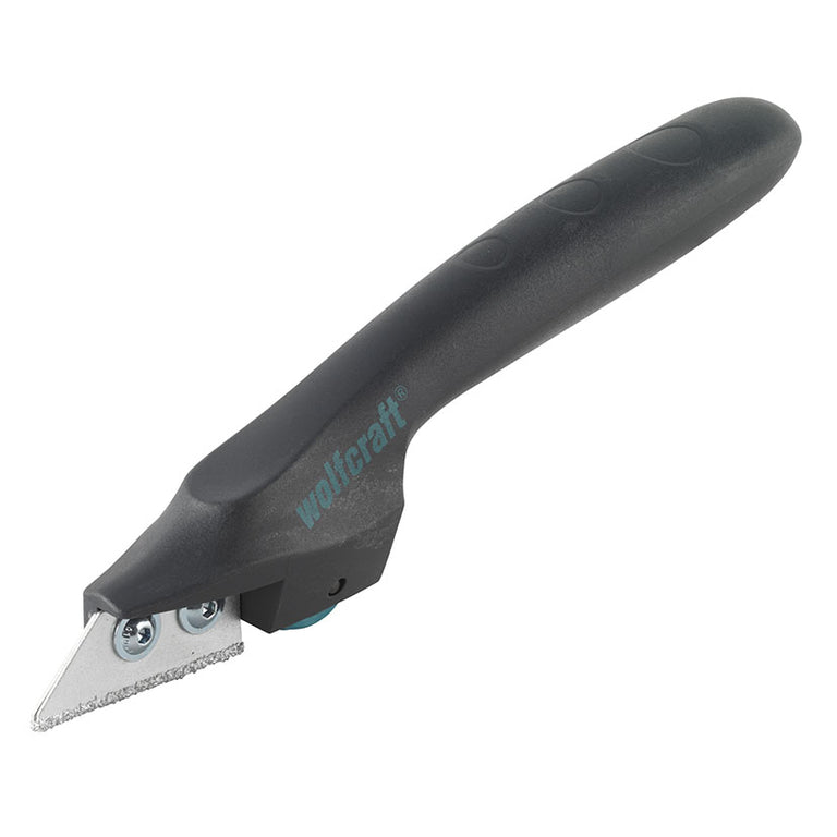 Rascador de juntas Wolfcraft con mango ergonómico negro y cuchilla de carburo de tungsteno para mortero.