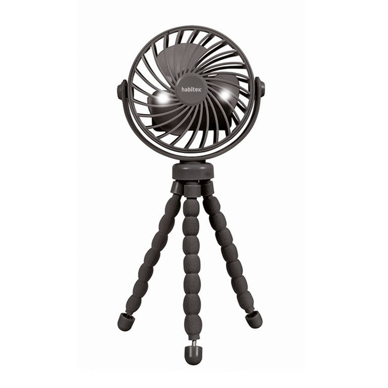 Mini ventilador Habitex VMM 127 negro con trípode flexible y luz LED frontal.