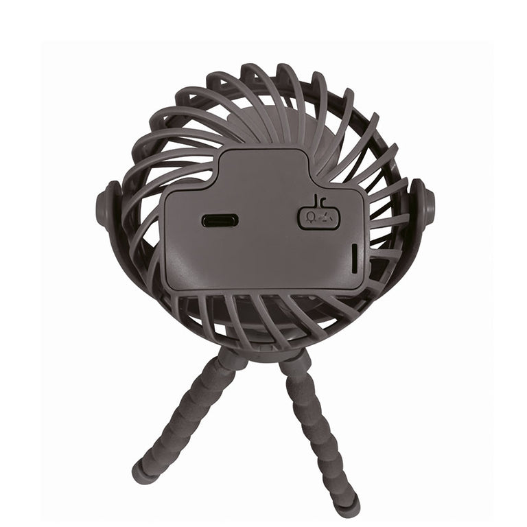 Vista posterior del ventilador Habitex VMM 127 mostrando puerto USB-C y botón de control.