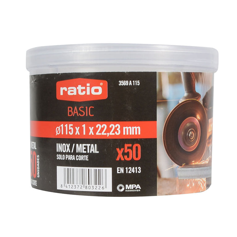 Detalle del envase de 50 unidades de discos de corte RATIO Basic de 115 mm.