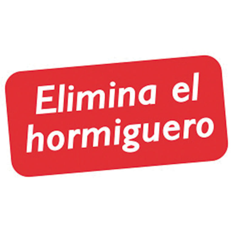 Etiqueta informativa que destaca la capacidad del producto para eliminar el hormiguero por completo.