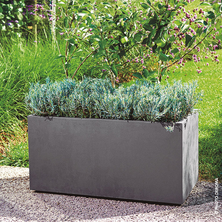 Jardinera rectangular Deroma Millennium con plantas verdes decorando un espacio exterior soleado
