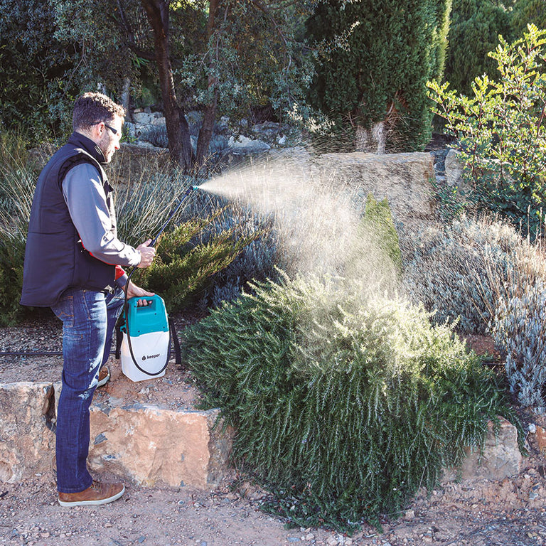 Hombre utilizando el pulverizador eléctrico Keeper Forest 7 para aplicar tratamiento fitosanitario en arbustos.