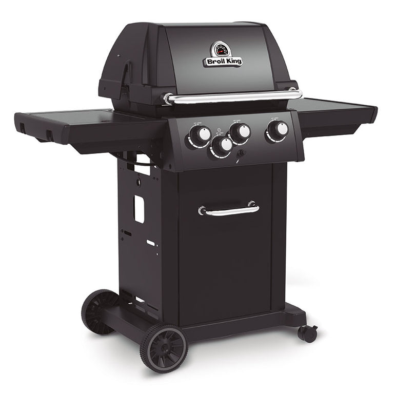 Vista frontal de la barbacoa Broil King Royal 340 Shadow con armario inferior y ruedas de transporte