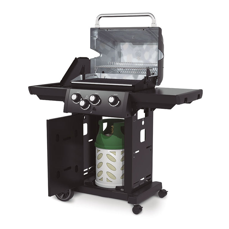 Barbacoa Broil King Royal 340 Shadow abierta con bombona de gas en el compartimento inferior