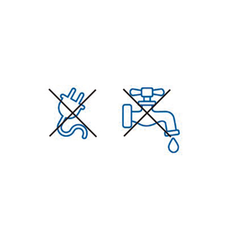 Iconos indicativos de funcionamiento sin necesidad de enchufe eléctrico ni toma de grifo fija.
