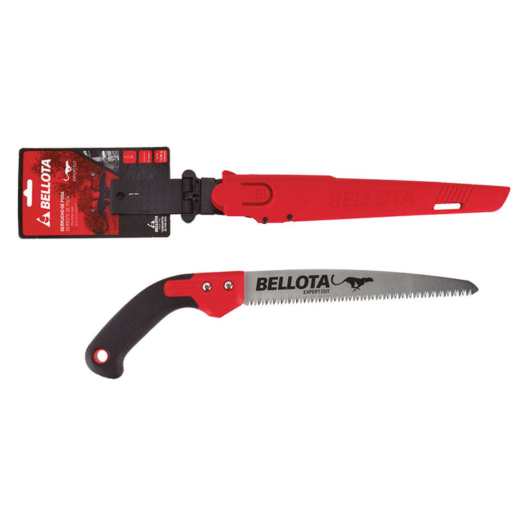 Serrucho de poda Bellota Guepardo con hoja recta de 9 pulgadas y funda protectora roja sobre fondo blanco.