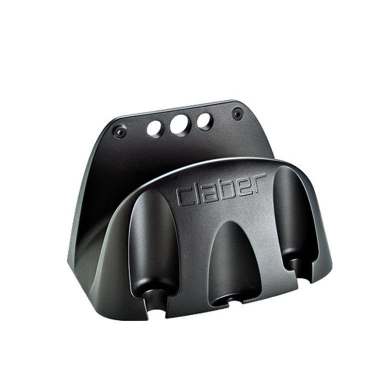 Soporte de pared Claber Eco negro para manguera de jardín con ranuras para accesorios de riego.