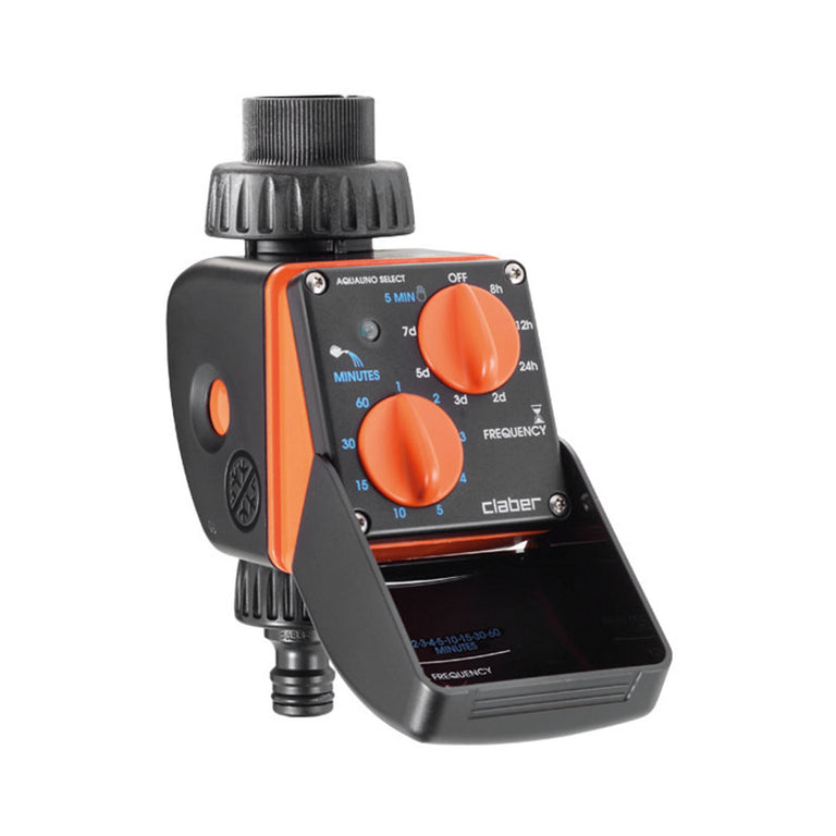 Programador de riego automático Claber Aquauno Select con diales de ajuste naranja y tapa protectora transparente