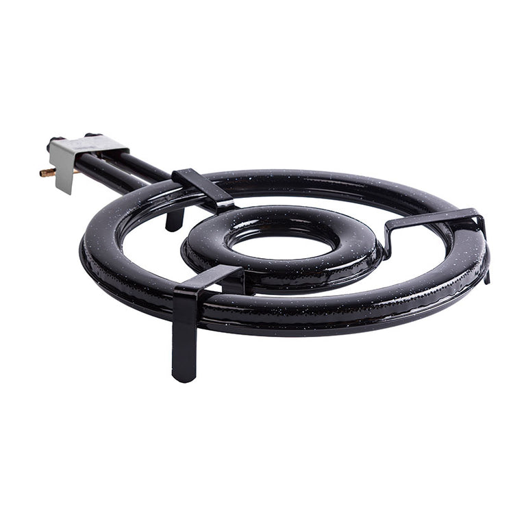 Quemador de gas circular para paelleras con sistema de doble aro y conexión para manguera de gas.