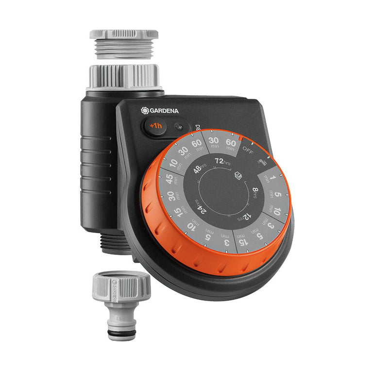 Programador de riego GARDENA Easy con dial de control naranja y conectores para grifo