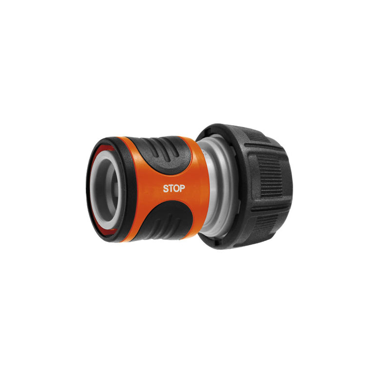 Conector rápido GARDENA con función Stop para manguera, diseño naranja y negro