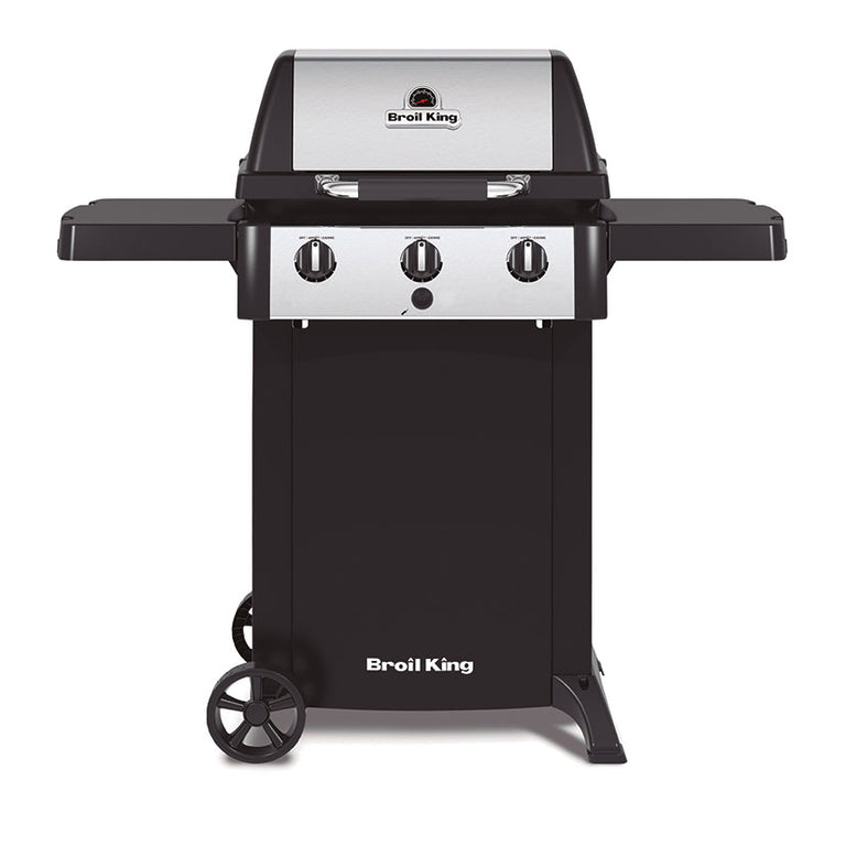 Barbacoa de gas Broil King Gem 310 vista frontal con estantes laterales desplegados y tapa cerrada