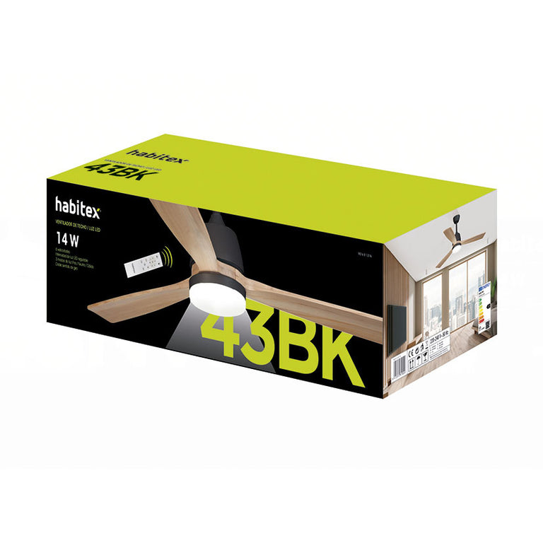 Embalaje del ventilador Habitex 43BK negro mostrando diseño nórdico y etiqueta de eficiencia energética.