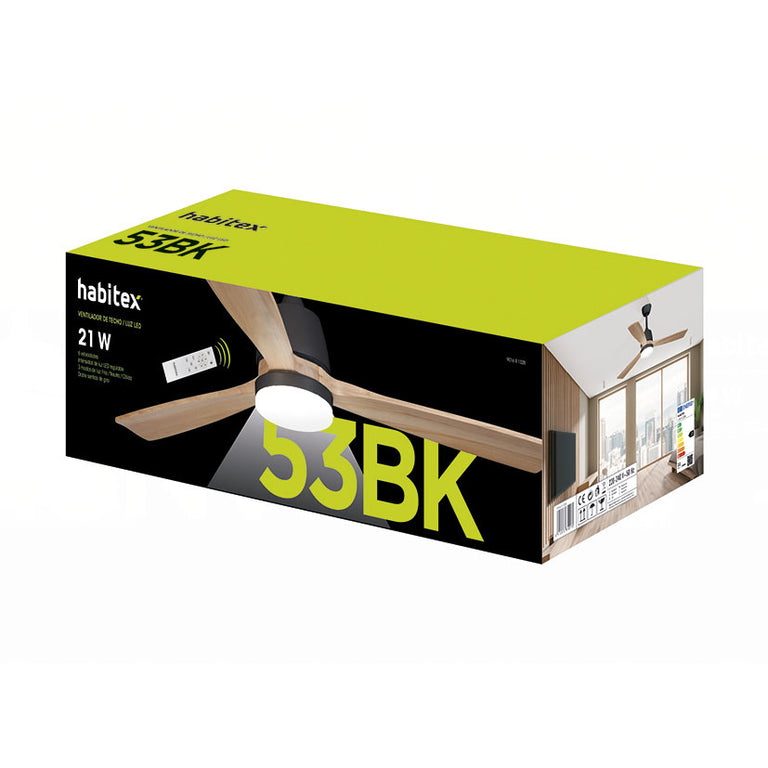Embalaje del ventilador de techo Habitex 53BK negro con etiqueta de eficiencia energética
