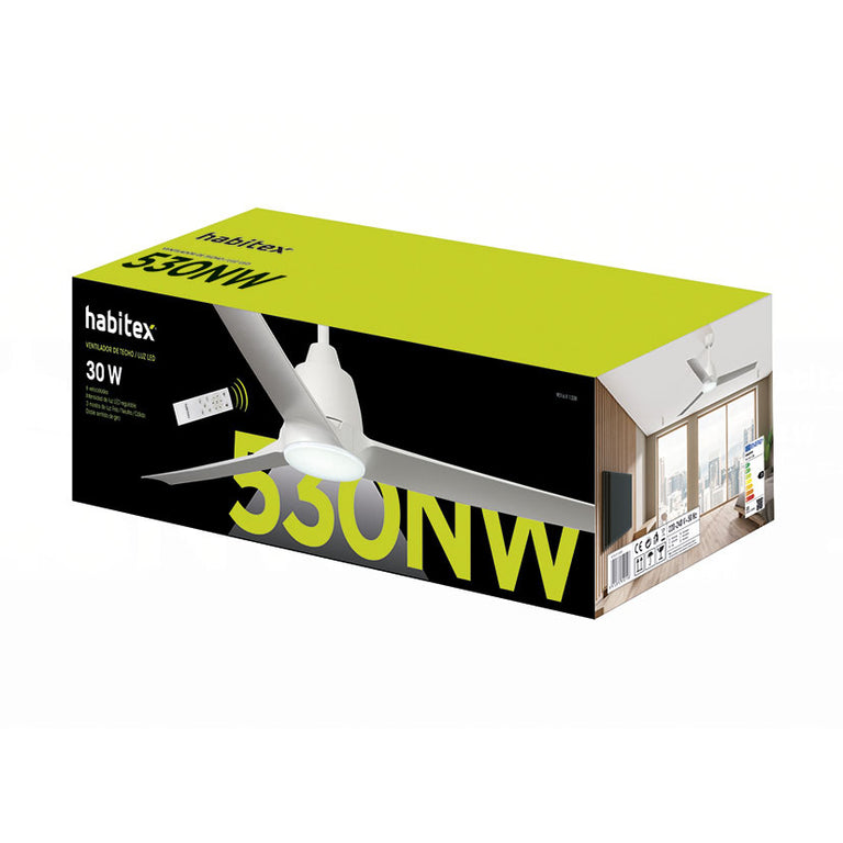 Caja del ventilador de techo Habitex 530NW mostrando especificaciones técnicas y mando a distancia.