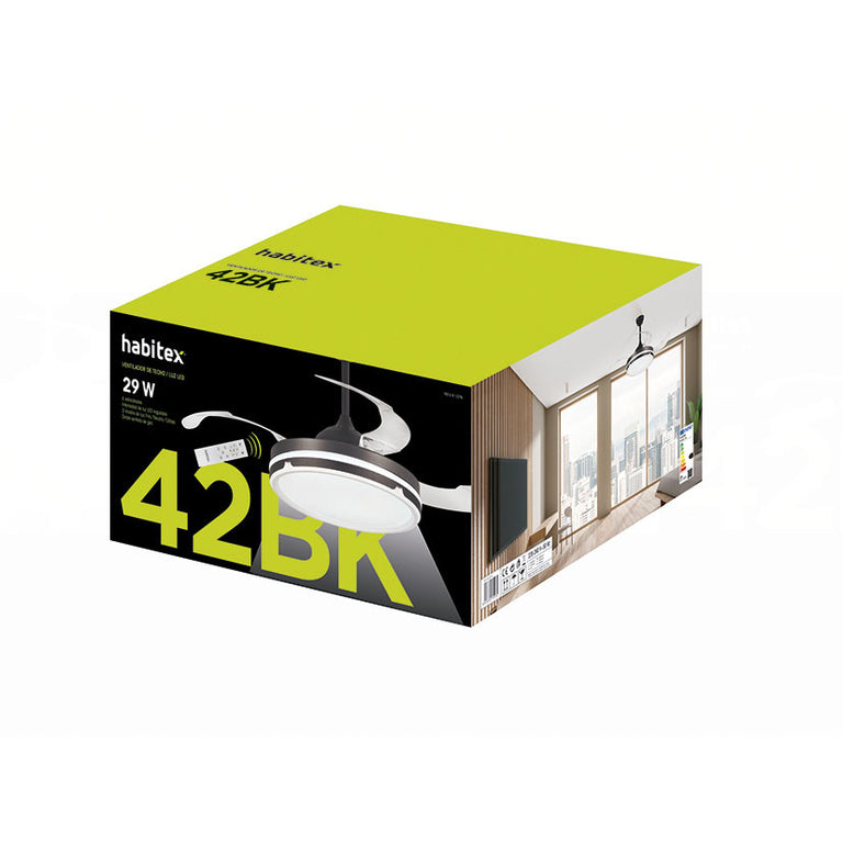 Caja del ventilador Habitex 42BK negro con mando a distancia y etiqueta de eficiencia energética.