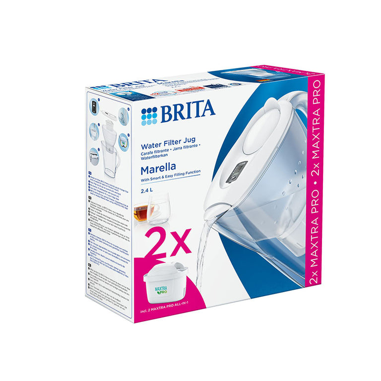 Caja de producto BRITA Marella con 2 filtros Maxtra Pro incluidos y detalles de la función de llenado fácil.