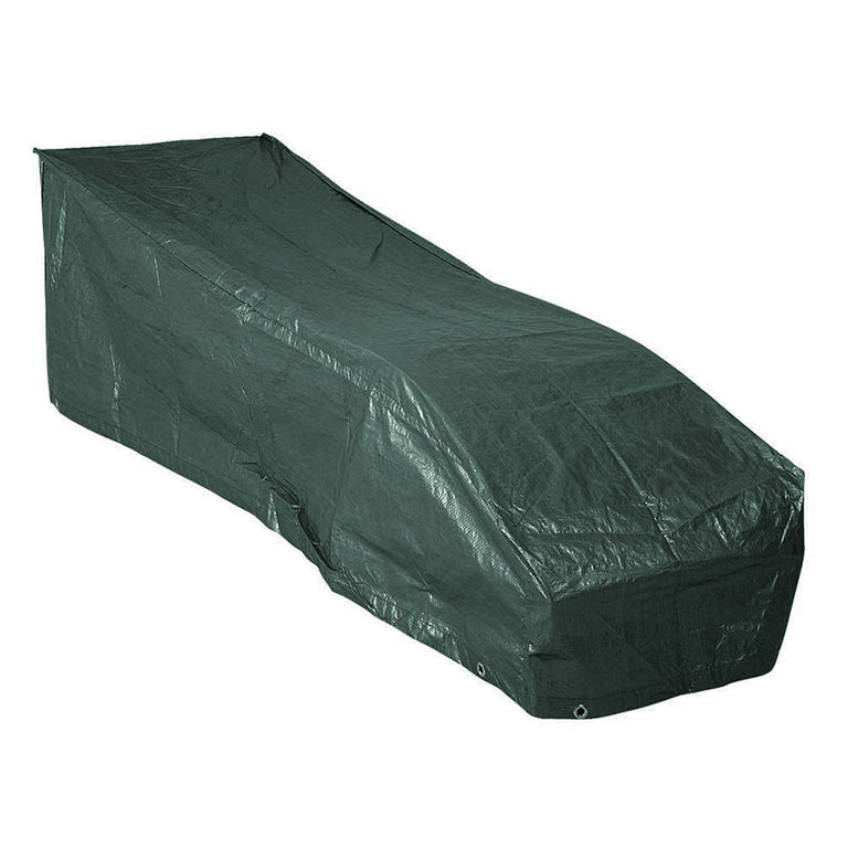 Funda para tumbona ALTADEX verde de polietileno cubriendo completamente una hamaca de jardín