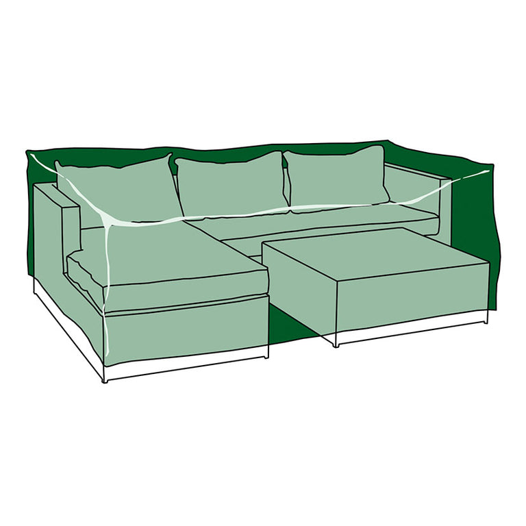 Diagrama ilustrativo de la funda cubriendo un conjunto de sofá rinconera y mesa de centro.
