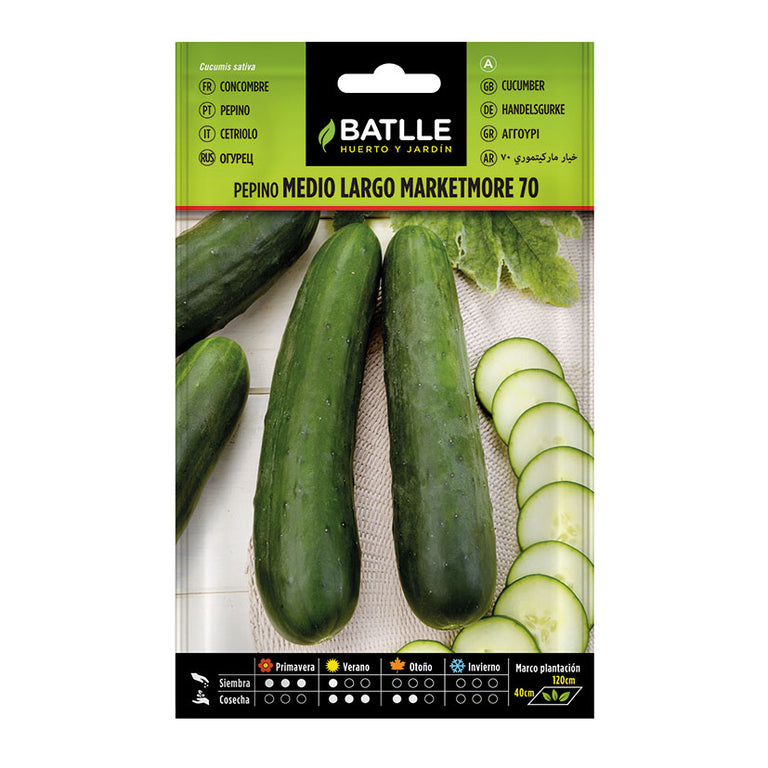 Semillas BATLLE de Pepino Medio Largo Marketmore 70, sobre con marco de plantación detallado.