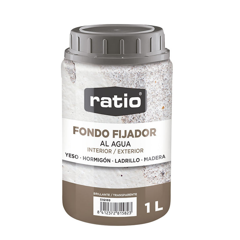 Bote de 1 litro de fondo fijador al agua RATIO incoloro para consolidar superficies de yeso, hormigón y madera