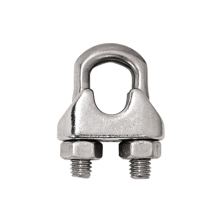 Sujetacable de estribo tipo perrillo en acero inoxidable AISI 316 DIN 741 con doble tuerca de seguridad.