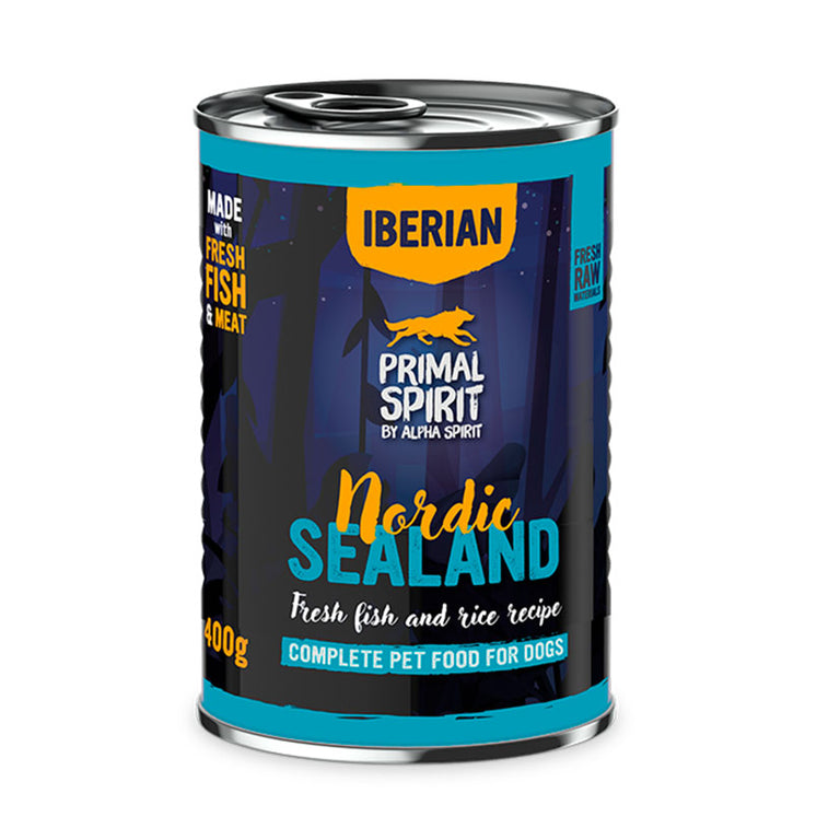 Lata de comida húmeda Primal Spirit Nordic Sealand 400g con pescado fresco y arroz para perros.