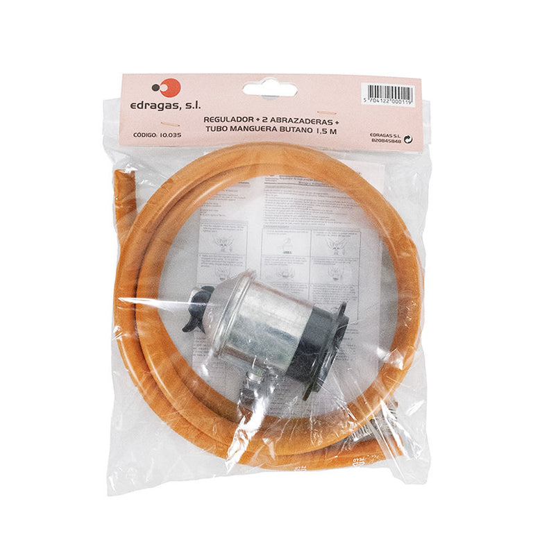 Pack de instalación de gas Edragas en su embalaje original con instrucciones y componentes visibles.
