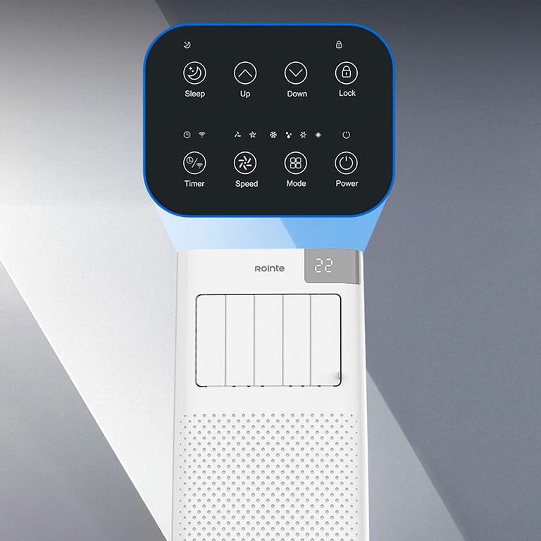 Detalle del panel de control táctil superior del aire acondicionado Rointe con iconos de funciones.
